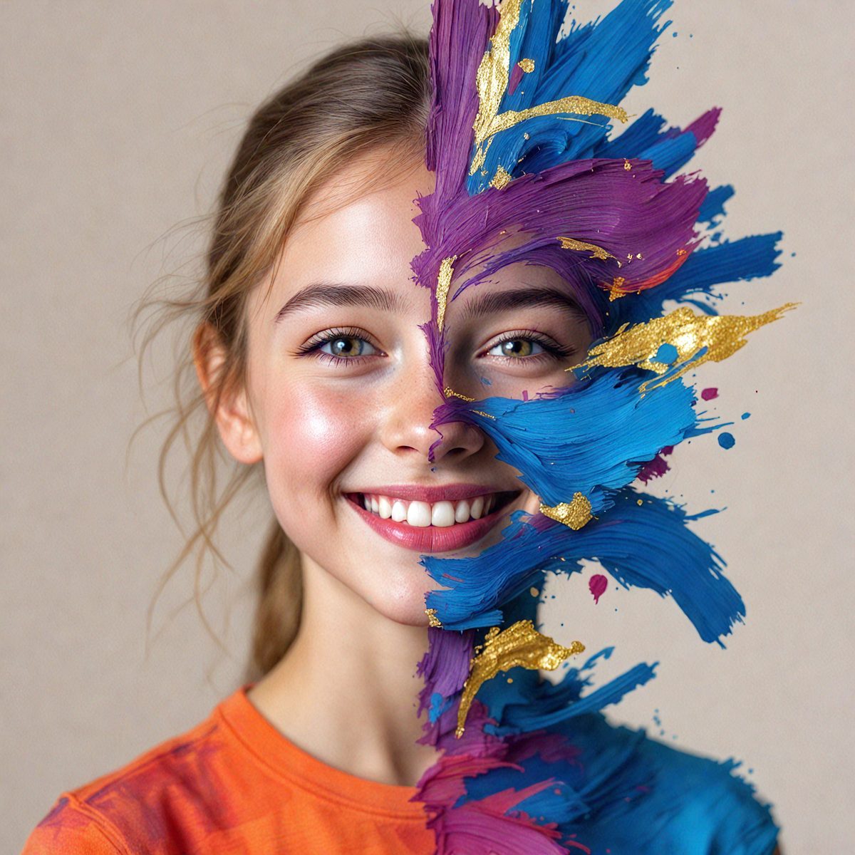 The primary subject of the image is a young girl with a smile on her face. She is wearing a red shirt and has a blue and purple paint splattered on her face. The setting is a room with a brown background. The visual style is a combination of a photo and digital art, as the girl's face is painted with vibrant colors, and the background appears to be a mix of natural and artificial elements. The colors and mood of the image are lively and cheerful, with the girl'